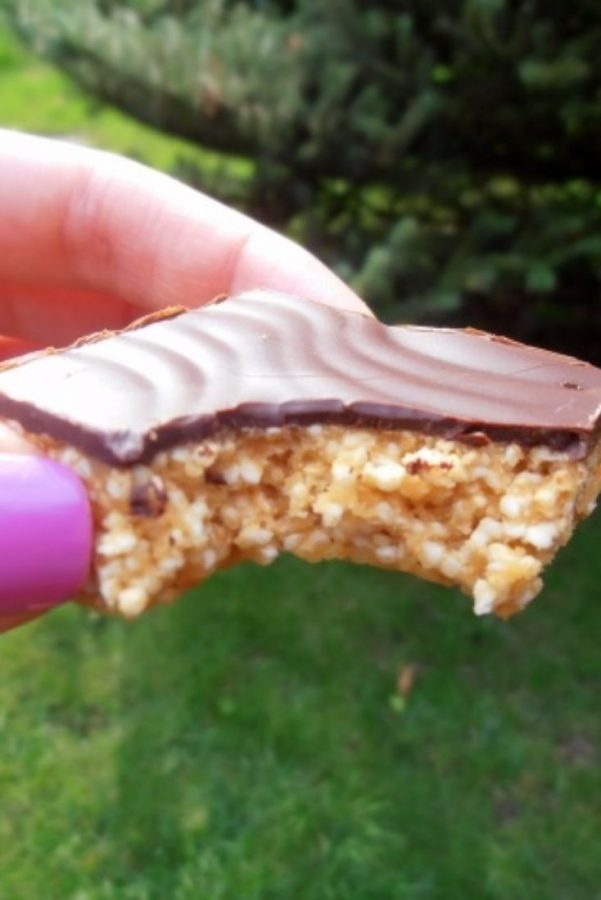 An image showing amaranth and peanut butter bars, with a chocolate topping, held by a hand with pink nails, in front of greenery.