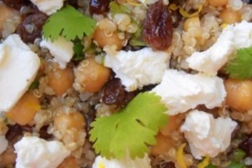 An image of Quinoa and Chickpea Salad in a square, blue bowl.