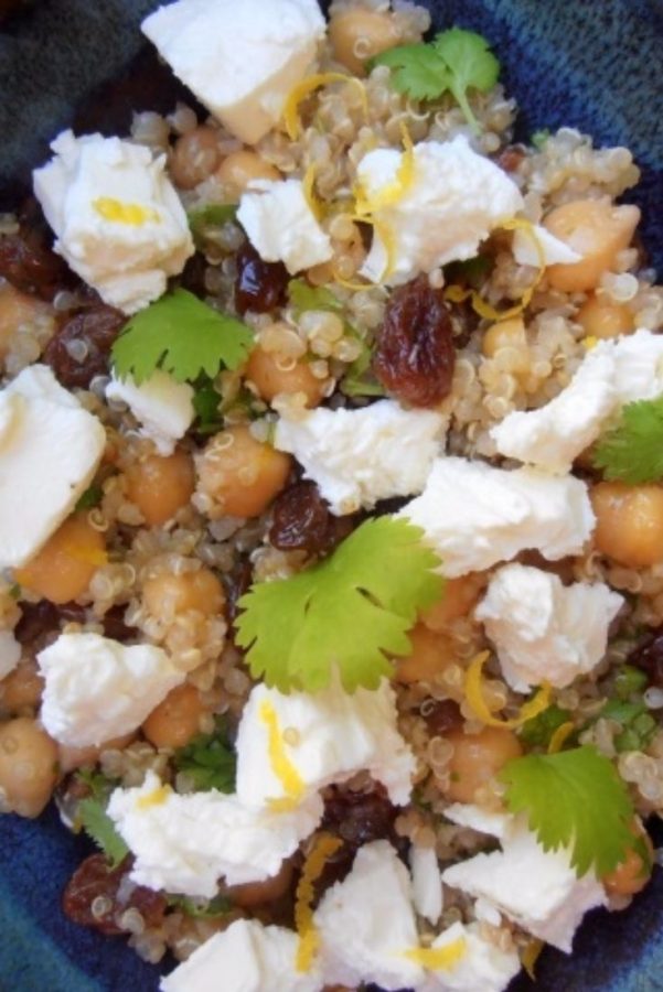 An image of Quinoa and Chickpea Salad in a square, blue bowl.