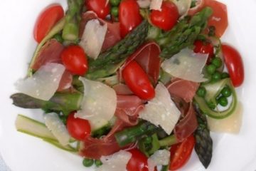 An image of a Mediterranean Salad with shaved asparagus, green peas, cherry tomatoes, prosciutto and Parmesan on a white plate.