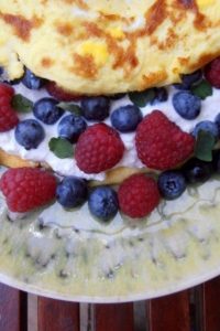 An image of an Egg Pancake with Cottage Cheese, Blueberries and Raspberries.