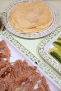 Peking Duck Pancakes used with crispy Peking duck, cucumbers, spring onions and Hoisin sauce