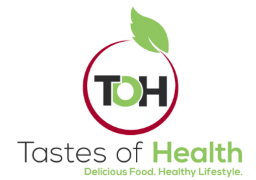 Tastes of Health Logo: a red circle with a green leaf and Letters TOH in the middle. Underneath there is text: Tastes of Health. Delicious Food. Healthy Lifestyle."