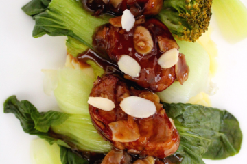 Pork in Plum Sauce with broccoli, pak choi and mashed potatoes.