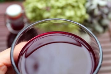 An image of Fermented Beet Kvass in a glass. There are blooms in the background.
