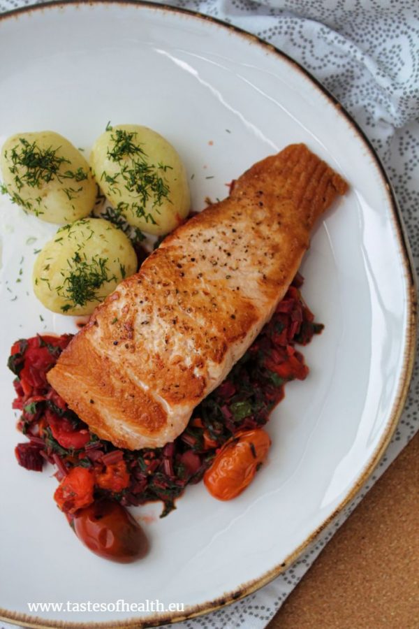 Beetroot salmon with buttered new potatoes