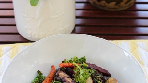 Roasted Vegetables Salad With Beluga Lentils in a white plate